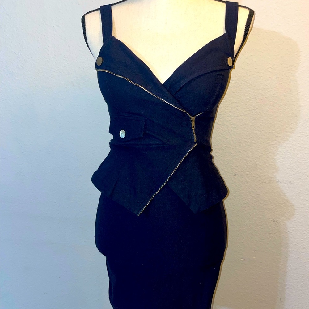 Short navy blue cocktail dress.